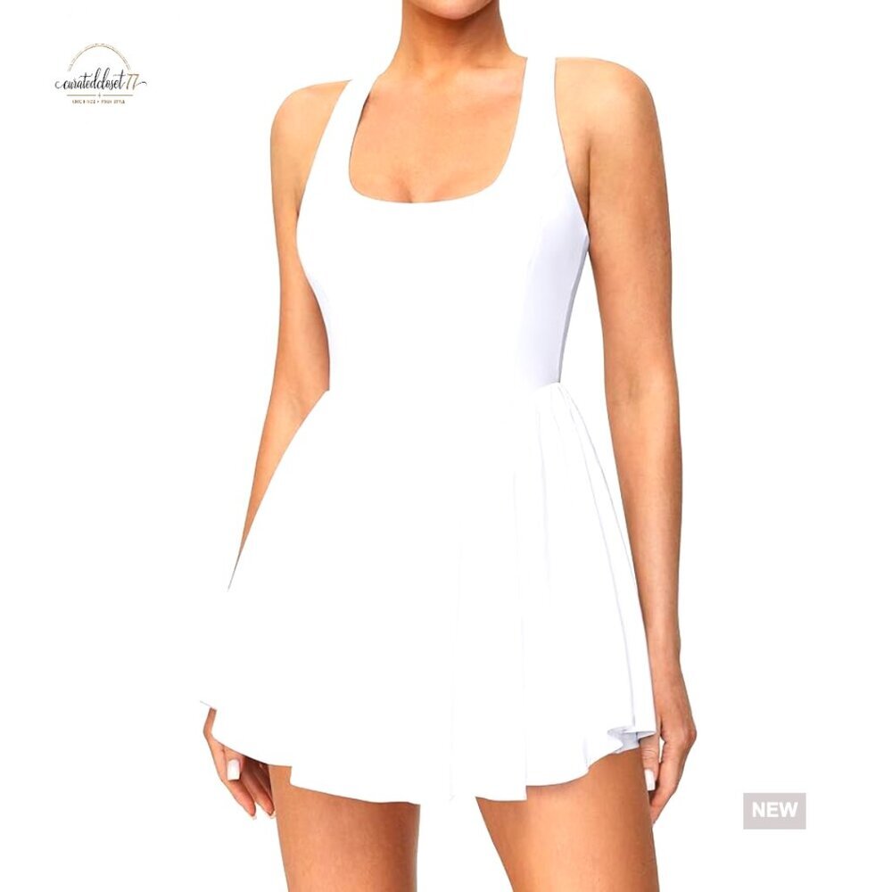 Women's Tennis Dress with Built-In Shorts and Bra, Adjustable Straps, Athletic
